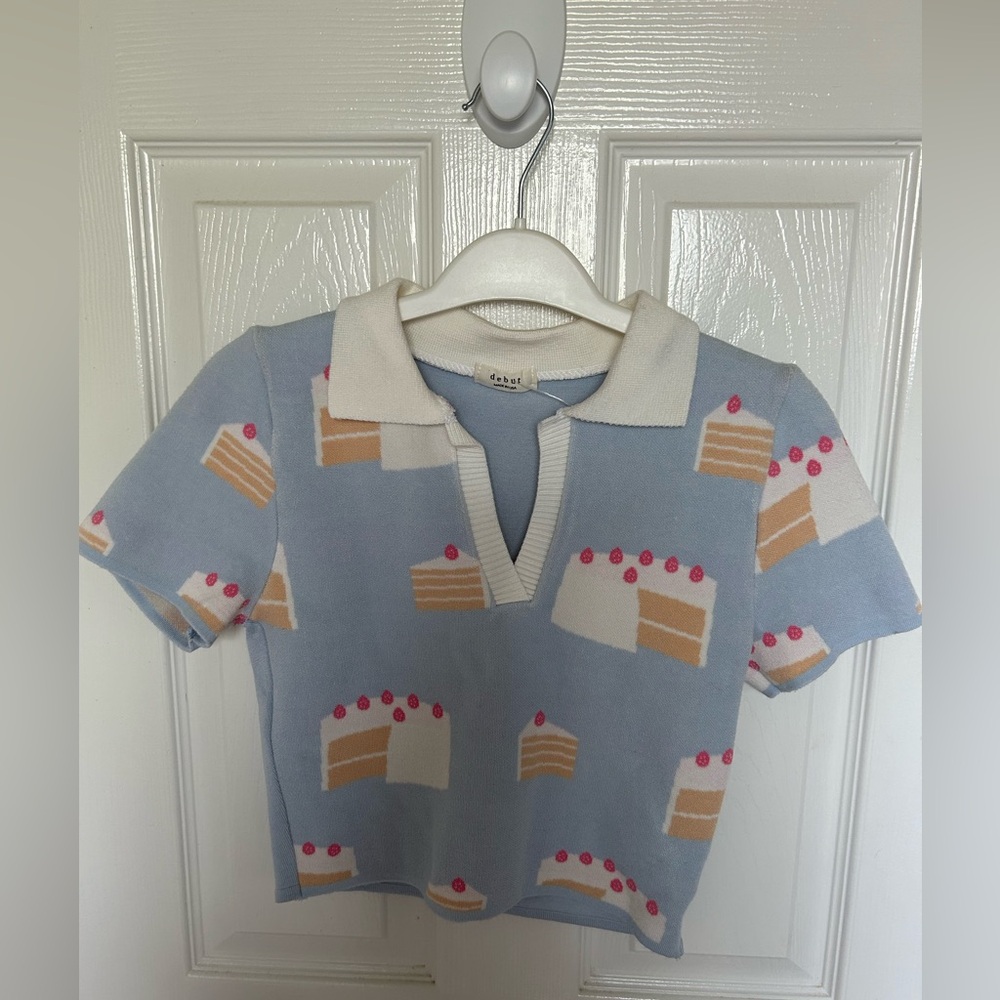 Polo Knit Collar Sweater Short Sleeve Crop by Debut Cake Print-New🍰💕🩵